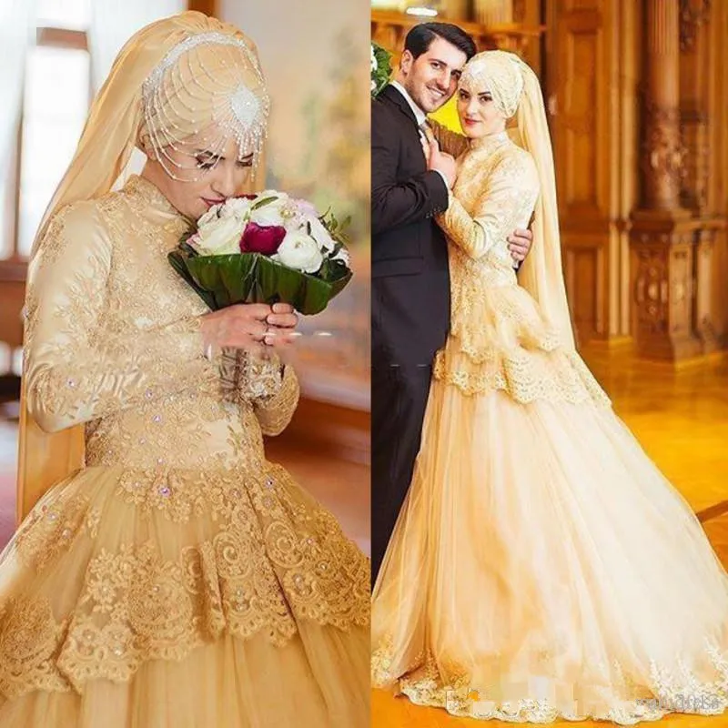 

2020 золотые мусульманские свадебные платья с высоким воротом, кружевные аппликации, свадебные платья трапециевидного силуэта, свадебное платье Саудовской Аравии