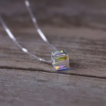 New 925 Sterling Silver Jewelry Fashion Genuine Light Candy Square Crystal Clavicle Chain Female Pendant Necklaces  XL104