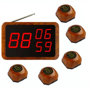 

SINGCALL.Wireless hotel service system, 5 one-button wood color pagers and 1 fixed host receiver
