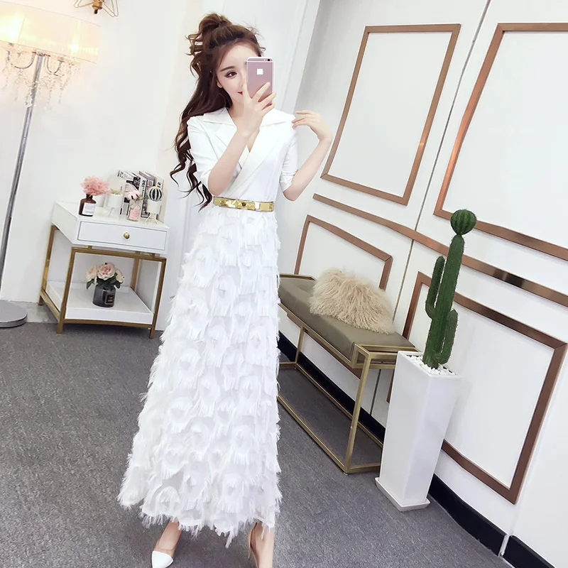 

Summer Spring Patchwork Feather Long Dress Women Vintage Elegant V-Neck Robe Boho Maxi Dress Office Lady To Wear Vestidos