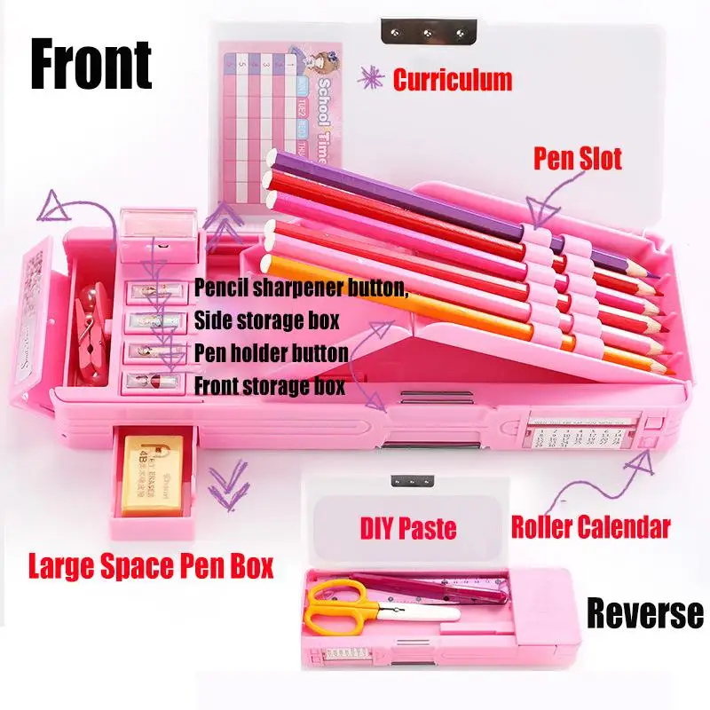 

Plastic Cartoon Fancy Stationery Multi-function Pen Box with Sharpener 2 Layer Double Open Multi-layer Pencil Case Student Gift