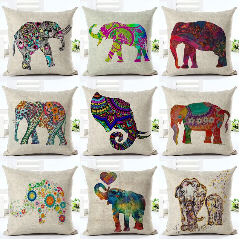 

Indian Style Colorful Elephant Cotton Linen Cushion Cover Cushions for Sofas Coffee Shop Office Car Home Decorative Pillowcases