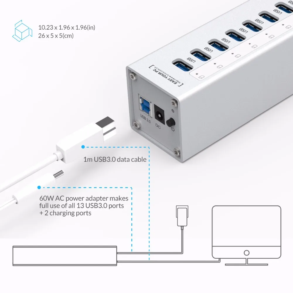 ORICO a3h13p2 Алюминий 13 Порты USB3.0 концентратор с 2 зарядки Порты 5v2. 4A супер Зарядное устройство/5V1A Универсальный-серебро