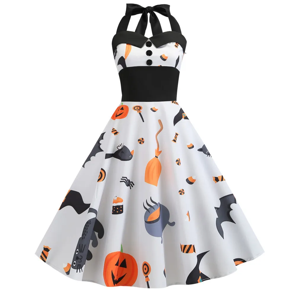 

Sexy Retro White Halloween Dress Summer 2019 Robes Vintage Halter Dress 50s 60s Gothic Pin Up Rockabilly Dress Plus Size Robe