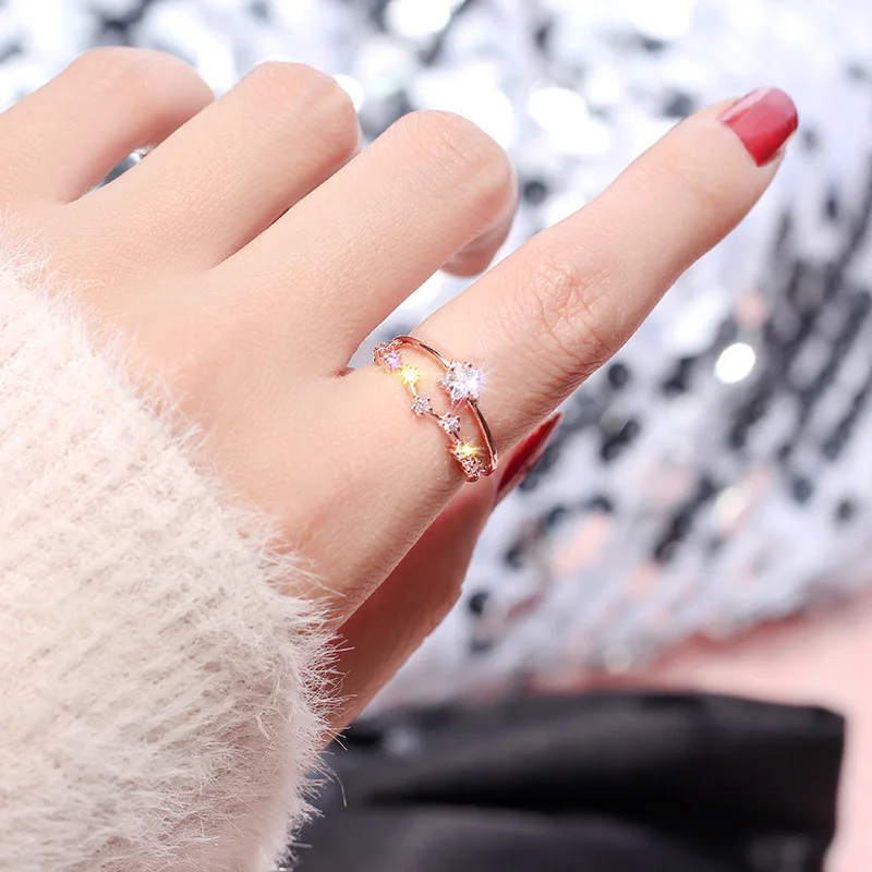 

Korean Female Personality Rose Gold Silver Micro-inlay Zircon Rings Five-pointed Star Open Finger Rings for Women Party Jewelry