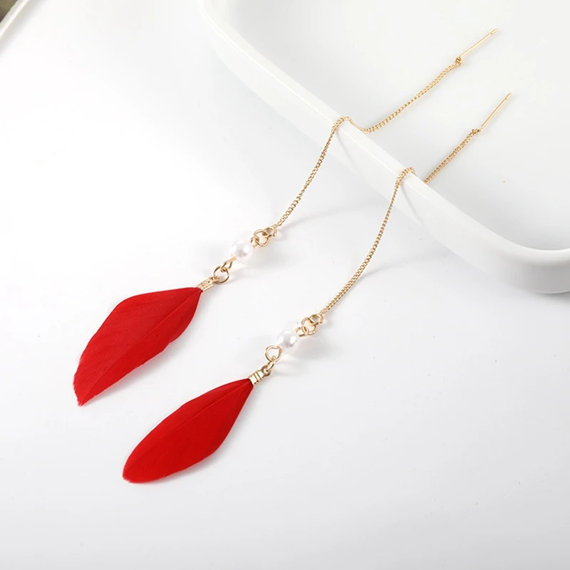 

Korean Red Feather Pendientes Drop Earrings For Women Simulated Pearl Tassel Long Dangle Earrings Female Fashion Jewelry 2019