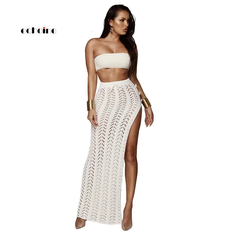 

Echoine Women Sexy Skirt Knit Sheath Hollow Out High Split Sexy Slim Elastic Waist Female Gorgeous Beach Long Skirts Streetwear