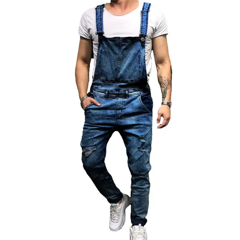 Модные Для Мужчин's Рваные джинсы комбинезоны Марка NEW Fashion Hi Street Distressed Denim Комбинезон для человека штаны с подтяжками Размеры S-XXXL