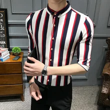 YASUGUOJI, новинка, летняя Модная приталенная рубашка, мужские рубашки в Вертикальную Полоску с коротким рукавом, рубашка с закатанными рукавами, мужская рубашка