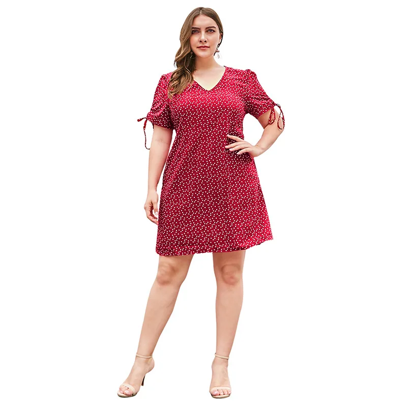 

WHZHM Plus Size 3XL 4XL Red Printed Dress Women V-Neck A-Line Party Beach Summer Vestidos Bandage Bow Party Casual Dress Ladies