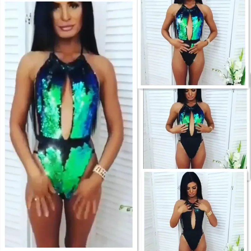 

Sexy One Piece Swimwear Ladies Sequined Starry Sky Discoloration Mermaid Swimsuit Retro Halter Cut Out Bathing Suit Monokini