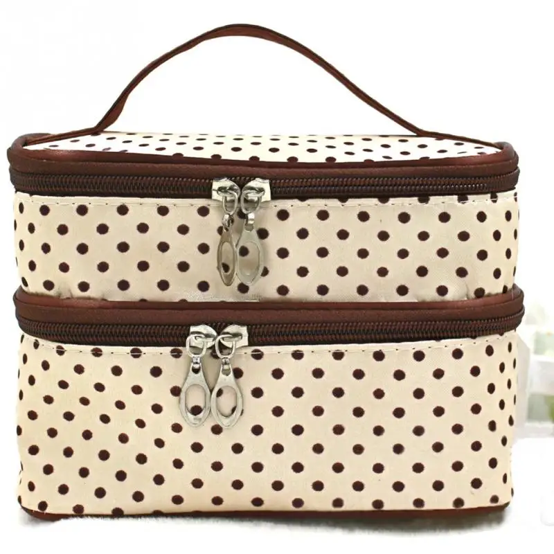 Double Layer Women Travel Toiletry Cosmetic Bag Make Up Case Dots Makeup Tool Storage Bag Multifunctional Organizer#H105