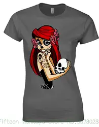 Для женщин футболка стиле Pin Up teschio di zucchero Ариэль tatuaggio Alternativa Hipster sirenetta для леди короткий рукав Для женщин футболки