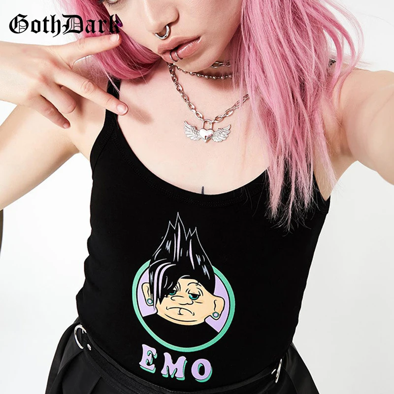 

Goth Dark Grunge Gothic Summer 2019 Crop Tops Letter Cartoon Print Black Spaghetti Strap Camisole harajuku Sexy Streetwear Tops