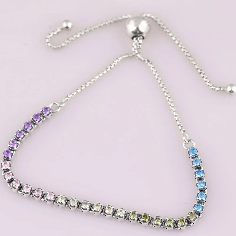 

New Rainbow Tennis Sparkling Strand Adjust Bracelet Bangle Fit Bead Charm Diy Pandora Jewelry 925 Sterling Silver Bracelet