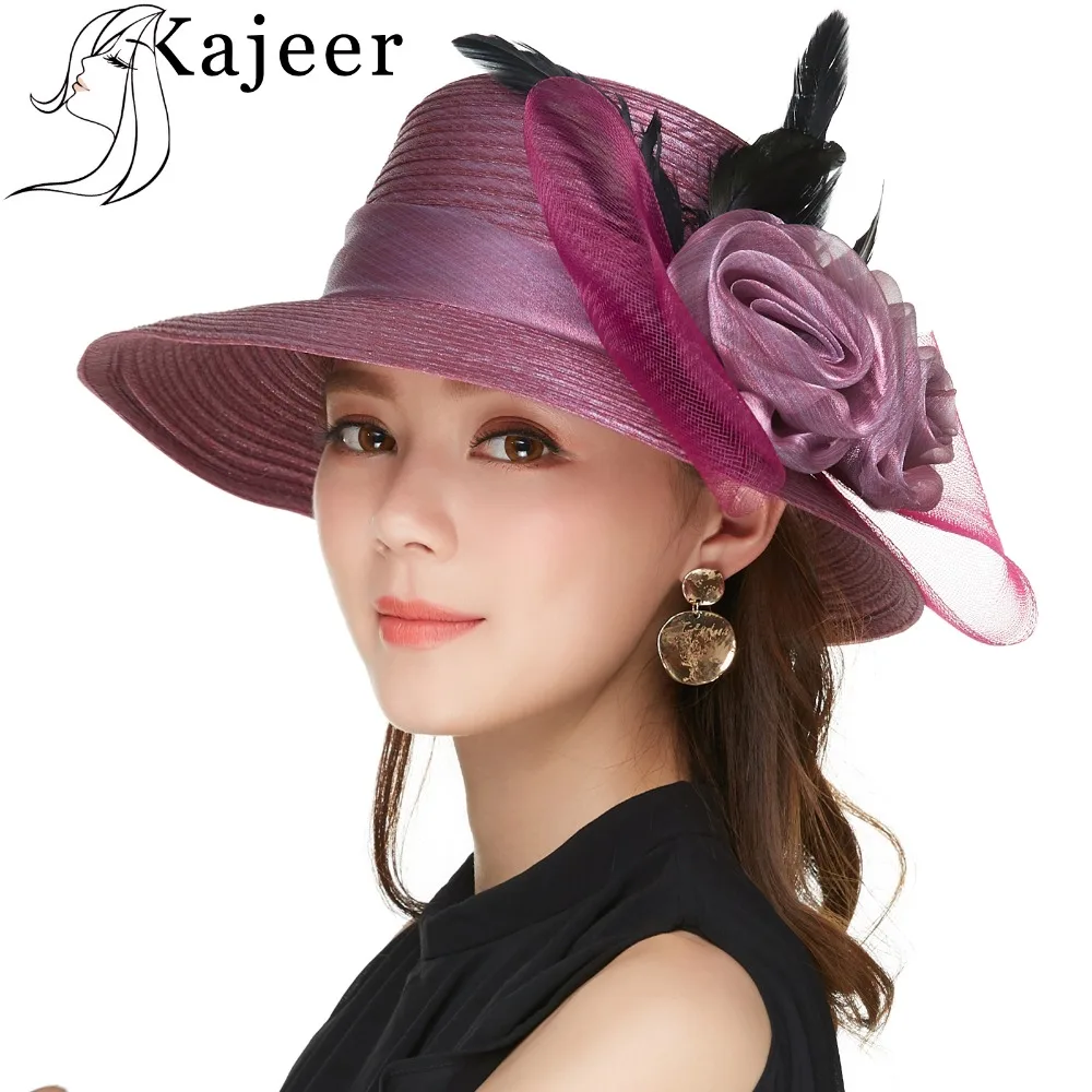 Kajeer 2018 Purple Women Bowler Hat Female Elegant Noble Net Feather