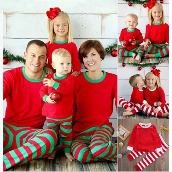 Семейные комплекты зимние Семейные рождественские пижамы в полоску для мам, пап, костюм, детская одежда новогодние костюмы - Цвет: Зеленый