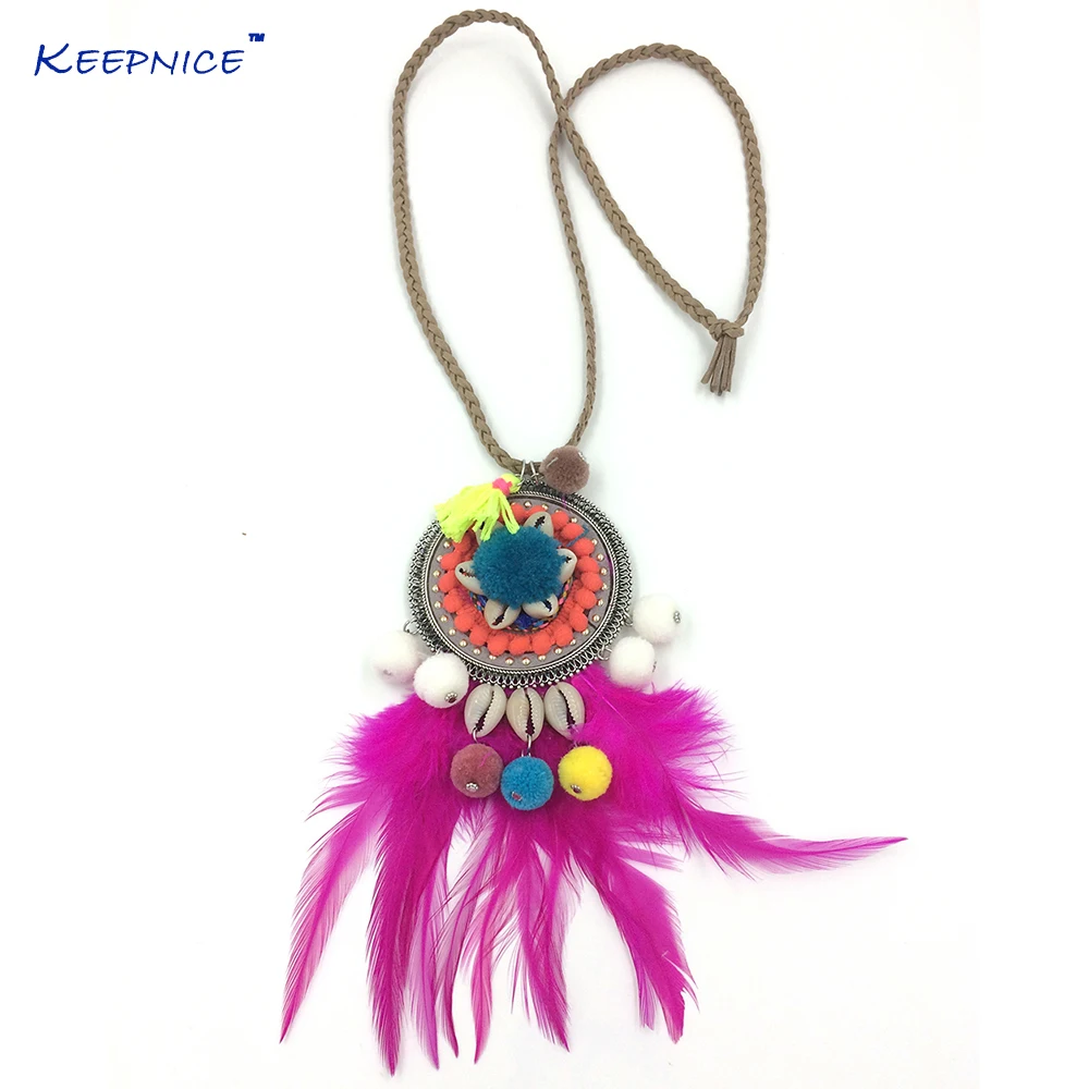 

New Bohemian Handmade Purple Real Feather Tassel Pendants Long Necklace Leather Cord Ball Charm Pendants Summer Neclace