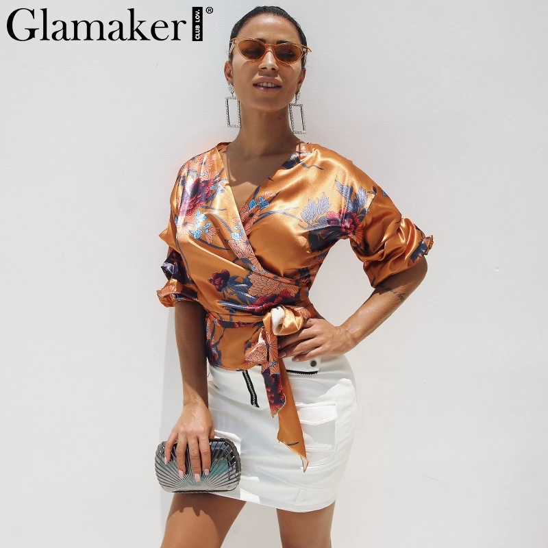 

Glamaker Sexy random floral print deep v neck casual blouse Women slim elegant soft spring blouse shirt Female satin tops blusas