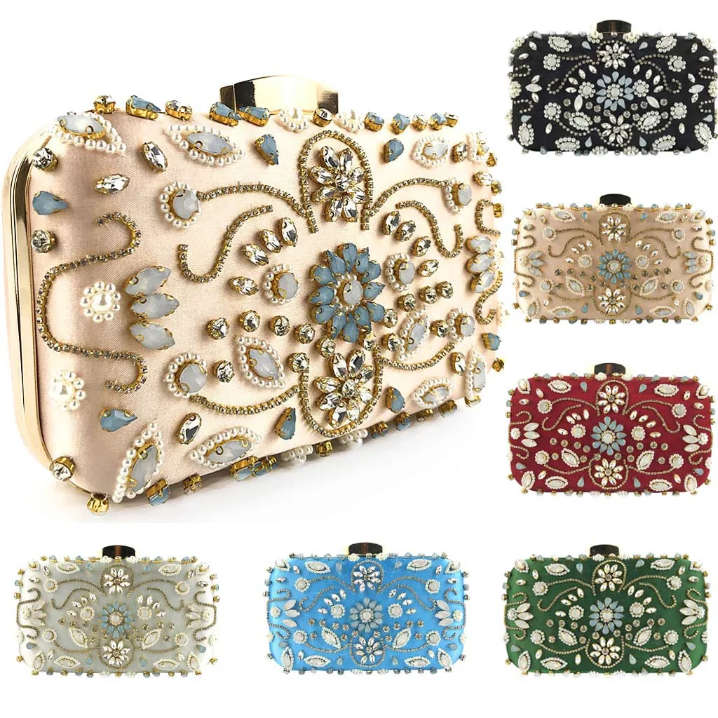 

Women Flower Crystal Beaded Clutch Evening Chain Crossbody Bags Party HandBag vintage bag women retro