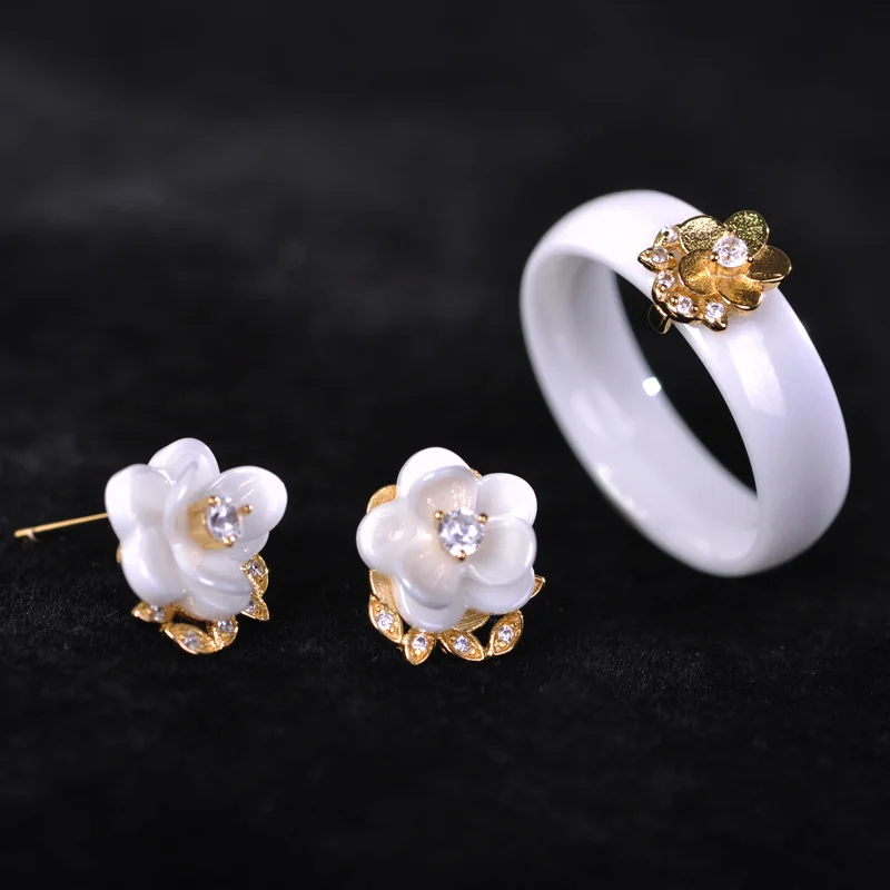

Dazz Flower White Ceramic Jewelry Set Earrings Ring Aros Gold Color Pure Smooth Porcelain Ceramic Fine Stones Health joya Bijoux