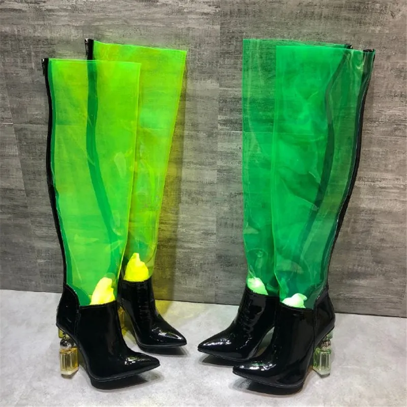 

New Design PVC Patchwork Over The Boot Women New 2019 Point Toe Crystal Strange Heel With Metal Decor Catwalk Long Booties