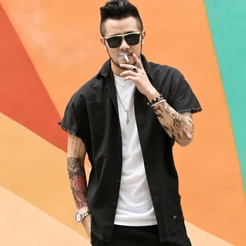

2017 New men spring summer street fashion cowboy shirt men sleeveless washed jeans shirt high quality casual slim solid shirt