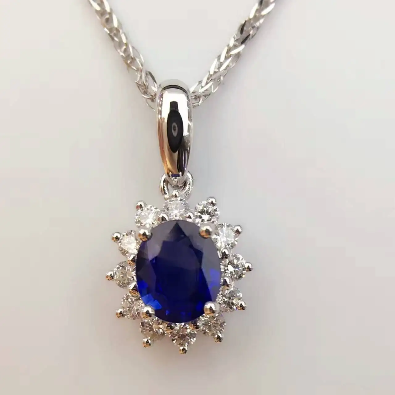 18K White Gold 0 582ct Natural Sapphire 0 225ct font b Diamond b font Pendant font