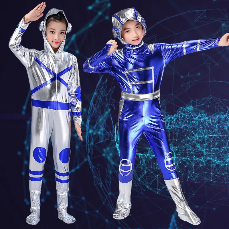 Серебряный костюм робота для мальчиков и девочек трико с героями мультфильмов, одежда для сценических танцев, одежда для детей, косплей, астронавт, скафандр, современные костюмы