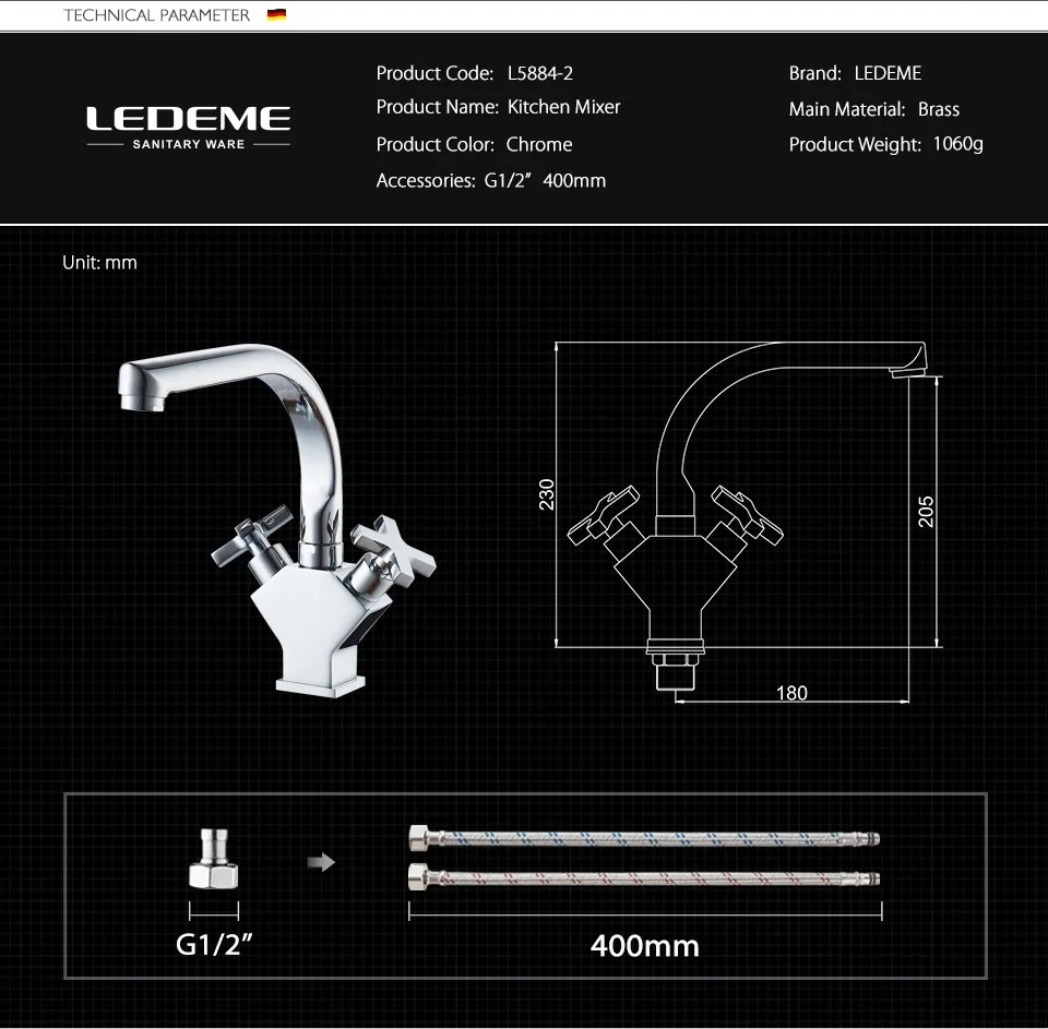 LEDEME Смеситель для кухни с гайкой латунь Цвет: хром L5884-2