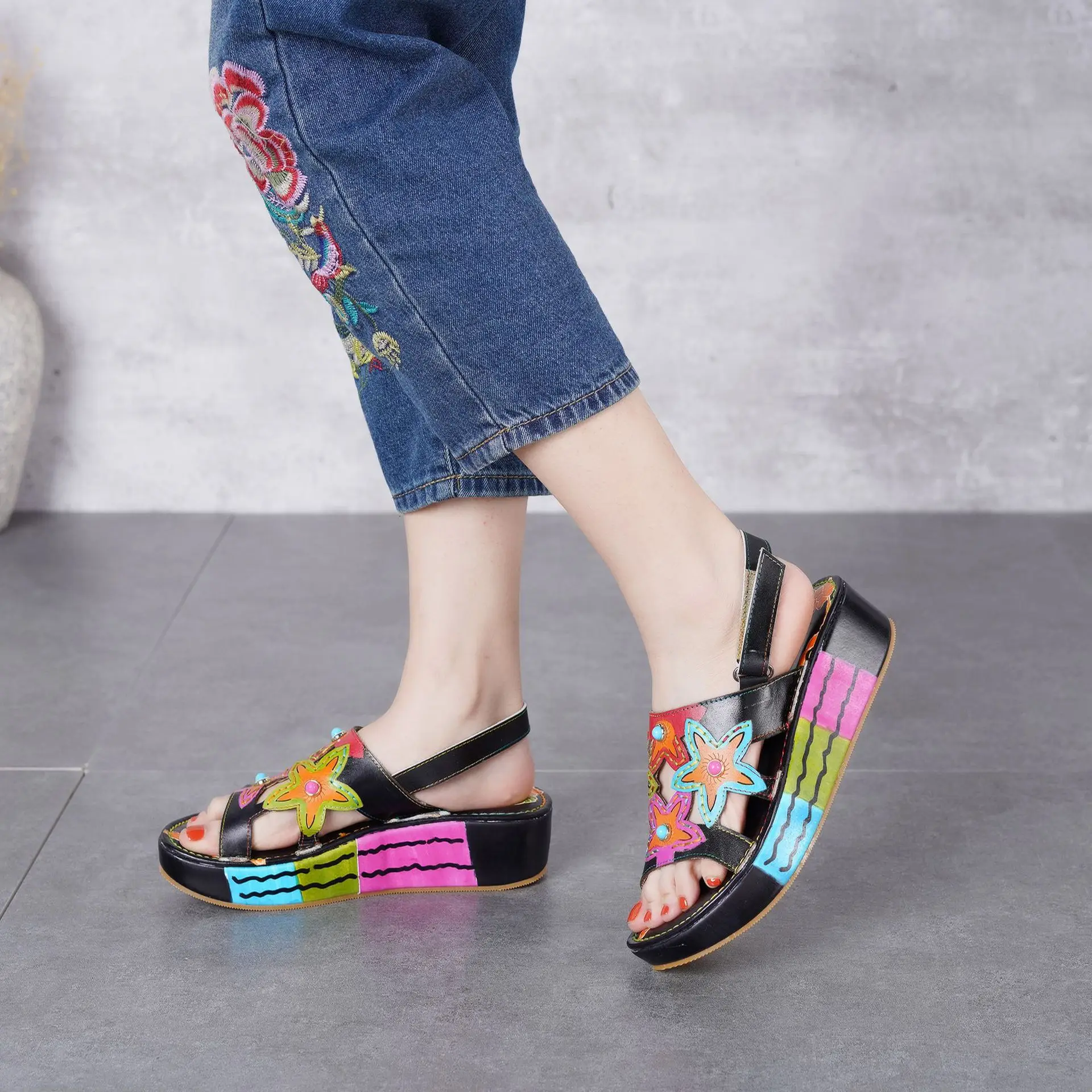 

Artdiya leather handmade retro Summer 2019 New Personality Slope Heels Female Style Thick Handpainted Comfortable Feature Sandal