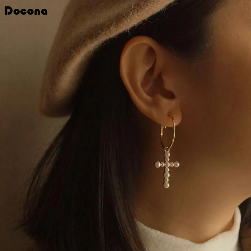 

Docona Bohemian Gold Drop Earring Geometric Pearl Cross Pendant Drop Earrings Ear Clip Earring Jewelry Accessories 6585