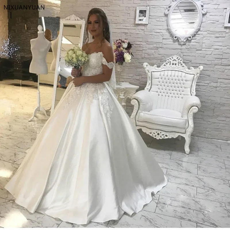 Vestido De Noiva, атласное свадебное платье с открытыми плечами, бальное платье, атласное Кружевное Свадебное бохо-платье, Дубай, арабское свадебное платье