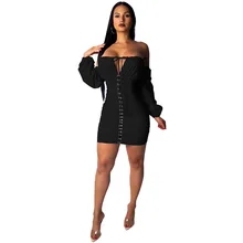 Women Sexy Off Shoulder Mini Dress Slash Lace Up Party Dresses Slim Bodycon Evening Black Dress Vestidos Backless Club Outfits black one shoulder backless lace up details sweater dress