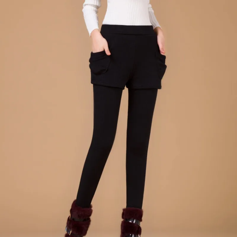 

Fashion Leggings Pocket Thicken Warm Solid Color Skinny Legging .u200b2018 Winter Autumn Fake Two Pieces Pencil Pants Plus Size