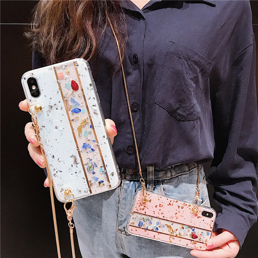 

glitter gold foil shoulder chain strap tpu case for iphone 7 8 6 6s plus X XR XS MAX case cover fashion bling clear phone bag