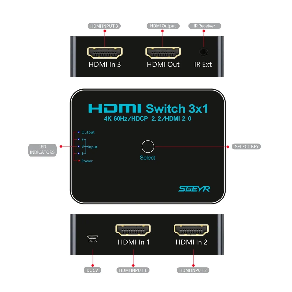 3x1 HDMI Splitter 3 Port Hub Box Auto Switch 3 In 1 Out HDMI Switcher 2.0 4K With Remote Control for HDTV XBOX360 PS3 Projector