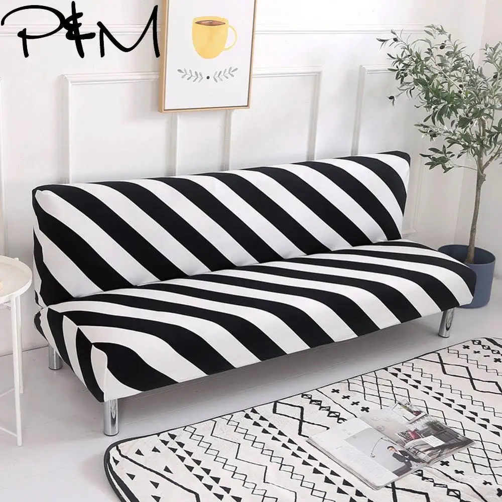 

Papa&Mima Black and white stripes Stretch Sectional No armrests Sofa Covers Polyester fabric Soft Slipcovers Elastic Couch Cover