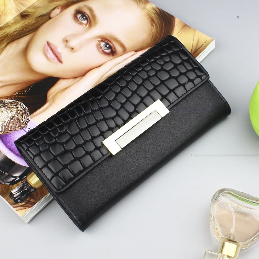 Large Capacity 3 Fold Women Wallet Long Genuine Leather Women Wallet