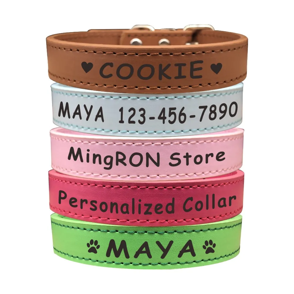 

Dog Collar Personalized Leather Custom Puppy Cat Name ID Tag Adjustable Basic Collars Leads Learsh Set Pet Accessory