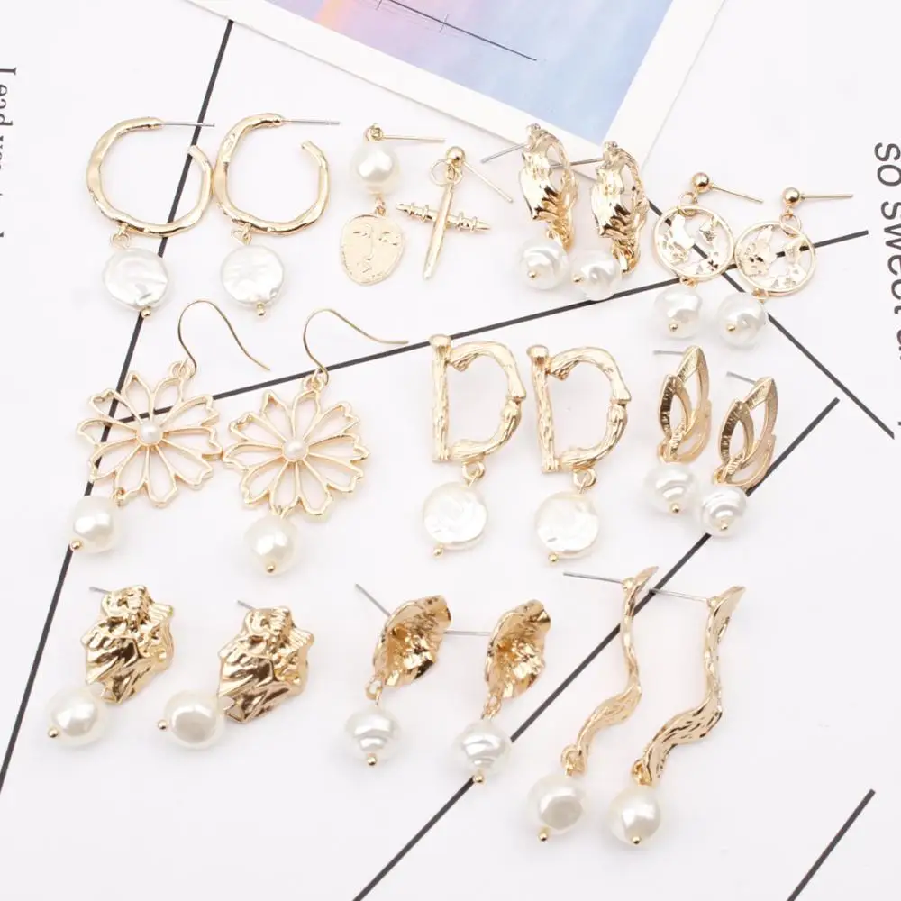 

2019 Fashion Korea Metal Gold Geometric Irregular Circle Square Imitation Freshwater Pearl Dangle Drop Earrings Women Girl Gift