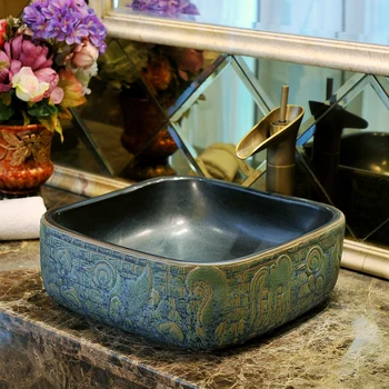 

Square Europe style chinese Jingdezhen Art Counter Top ceramic commercial bathroom vanities