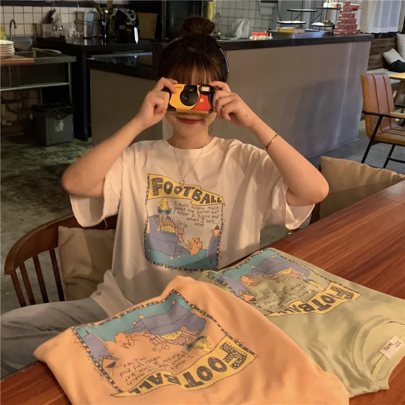 

YouGeMan Summer T-shirts Women T Shirts 2019 Korean Style Ulzzang Harajuku Cartoon Print Short Sleeve T-shirt Female White Tops