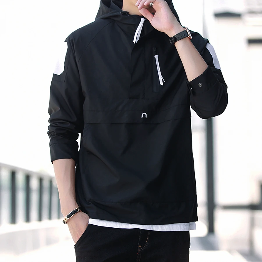 

Pullover Half Zipper Hoodie Men Windbreaker Plain Street Hip Hop Hooded Jacket Men Vintage Raglan Streetwear Male Coat Hoodie 6H