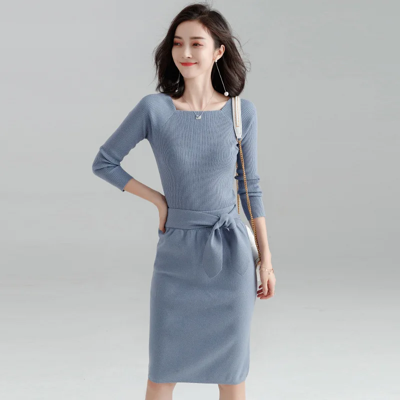 

2 piece outfits for women women's fashion temperament commuter knit top skirt women's new solid color knit skirt two-piece suit