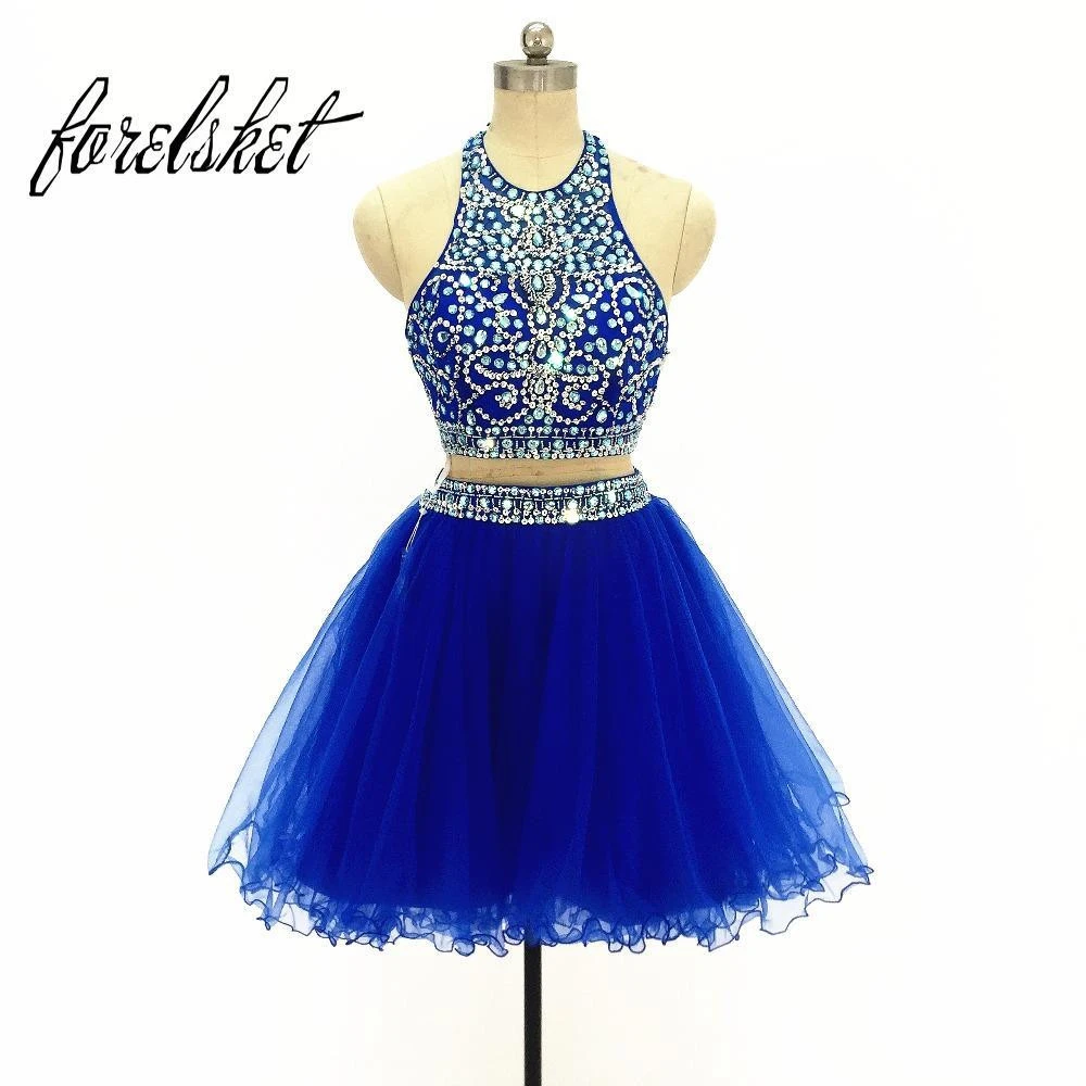 blue 2 piece prom dress short