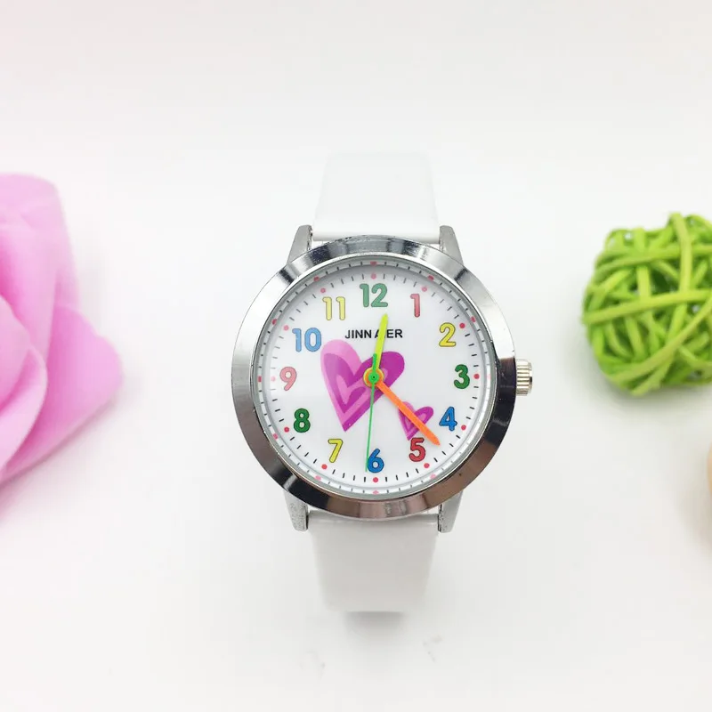 Fashion Children's Watches Colorful Number Heart Cartoon Quartz Watch Girl Pink Leather Pretty Student Wristwatches Kids hodinky