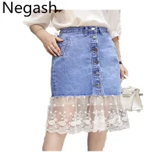 Корейские летние женские джинсовые юбки тонкое Сетчатое кружевное в стиле пэчворк Юбка До Колена женские карманные Юбки Женская высокая посадка на пуговице