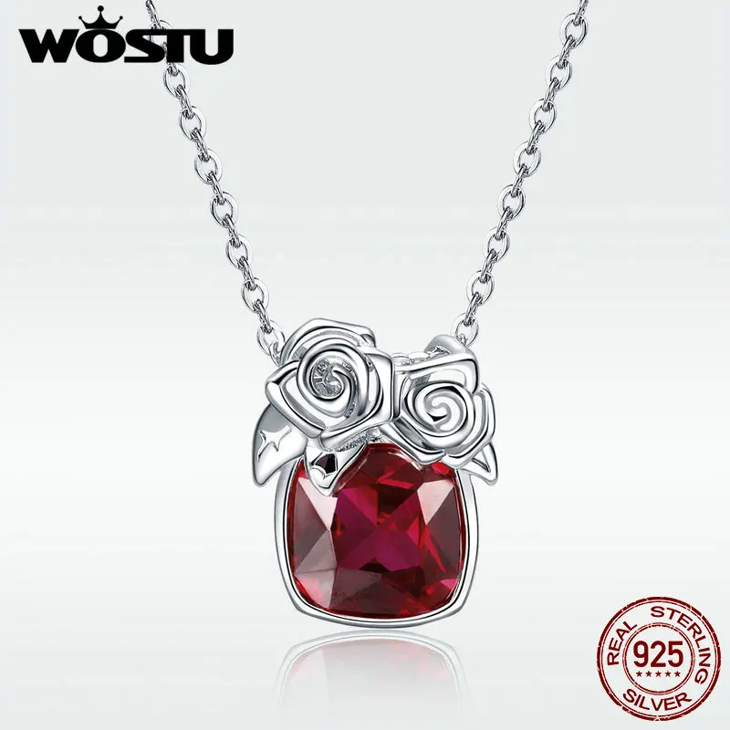 WOSTU Настоящее серебро 925 проба красный квадратный кристалл Роза кулон ожерелье