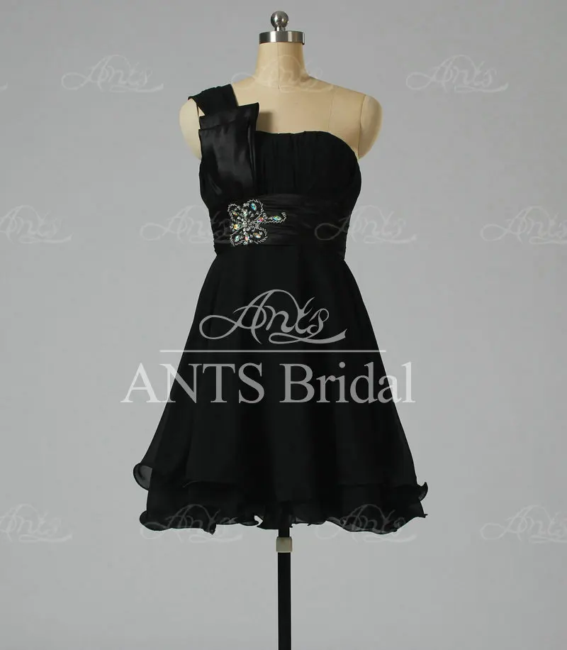 E1367 Girls Chiffon One Shoulder Black Junior Bridesmaid Dresses Short